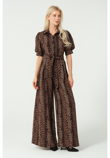 Balon Kol Bağcık Detaylı Tulum Leopar Desen Leopar