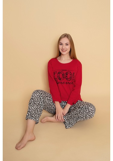 Kadın Penye Sıfır Yaka Uzun Kol Pijama Takımı Koyu Kırmızı