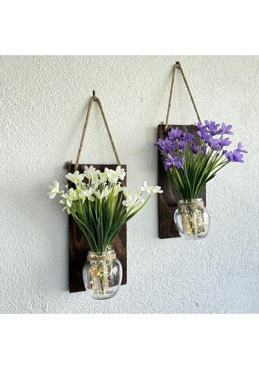 Led Işıklı, Lila Ve Beyaz Nergis Çiçekli Duvar Dekoru Ceviz İkili Set Ceviz