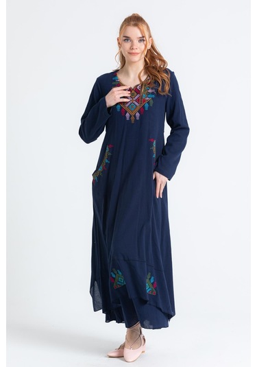 Uzun Kol Şile Bezi Nakışlı Antik Uzun Elbise Lacivert Lcvt-lacivert