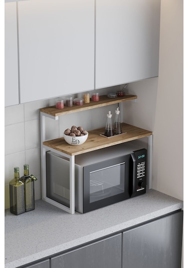 Akik 2 Raflı Metal Çok Amaçlı Mutfak Rafı / Tezgah Üstü Raf Beyaz Metal - Atlantik Çam Tabla Atlantik Çam