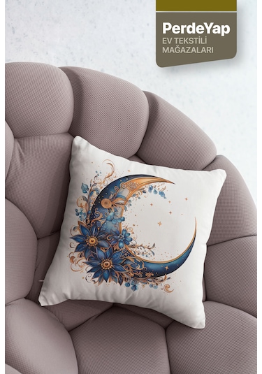 Mavi Çiçek Ve Hilal Desenli 4'lü Kırlent Kılıfı