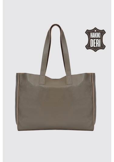 City Tote Hakiki Deri Omuz Çantası Vizon Smr9182 Vizon