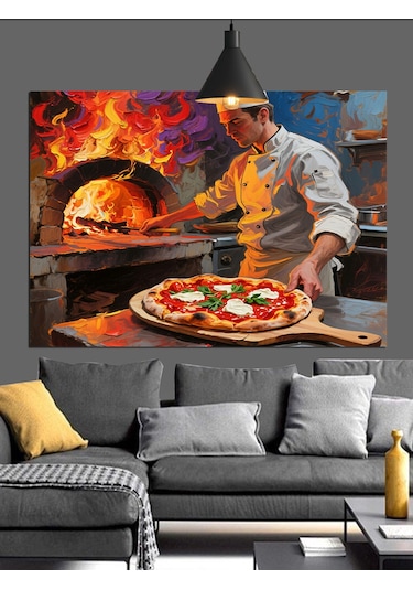 Odun Fırınında Pizza Ustası Dekoratif Kanvas - Mdf Ahşap Tablo