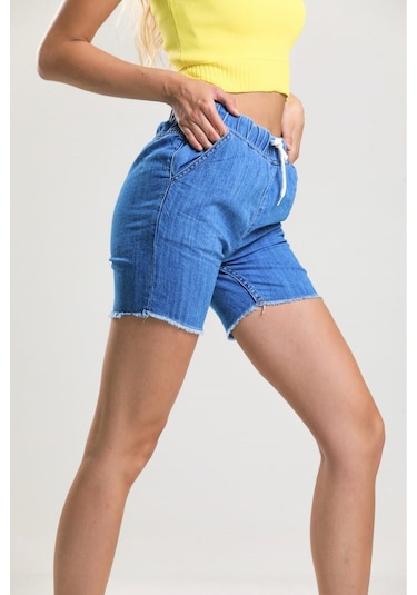 Pass&Pass 2080 Kadın Püsküllü Paça Jeans Denim Kot Şort Mavi