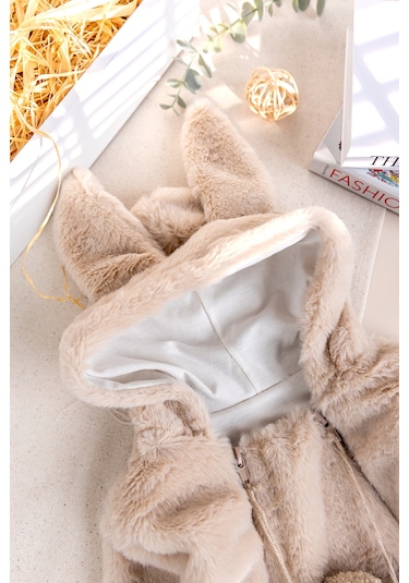 Kışlık Peluş Welsoft Penye Astarlı Pamuklu Kız Erkek Bebek Tulum Bej