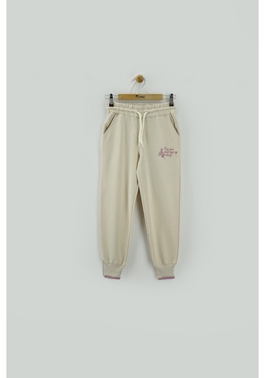 Bej Beli Lastikli Paçası Çift Ribanalı Kız Çocuk Eşofman Altı 4494b Anrasit