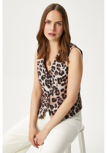 Ritnice Kadın Style Leopar Astarlı Dokuma Yelek Kahverengi - Krem