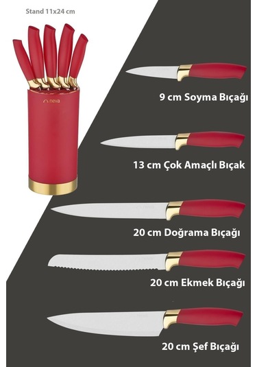 N3242 Pitaya Silindir 6 Lı Bıçak Seti Gold- Kırmızı Altın- Kırmızı