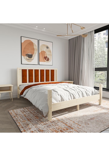 Orion Model Kiremit Renk Puflu Başlıklı Vernikli Çam Ahşap Karyola-81 150 x 200 CM