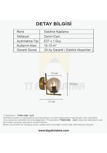 Tt5001-esk Tt Aydınlatma Eskitme Kaplama - Bal Camlı Tekli Aplik Eskitme Bal