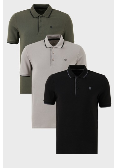 Buratti Pamuklu Slim Fit Şerit Detaylı Düğmeli Polo Yaka 3'Lü Paket Erkek T Shirt 5902118S3 Siyah-Haki-Taş