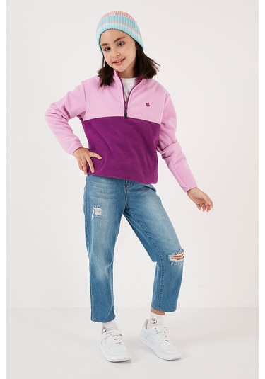 Lela Yumuşak Dokulu Yarım Fermuarlı Renk Bloklu Dik Yaka 2'Li Paket Çocuk Polar 5905004S2 Lila Siyah-Şeker Pembe Mor