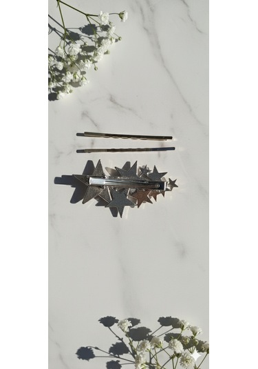 Yıldız Desneli Metal Toka Ve 2 Adet Tel Toka, Toplam Üç Adet Metal Toka Gümüş