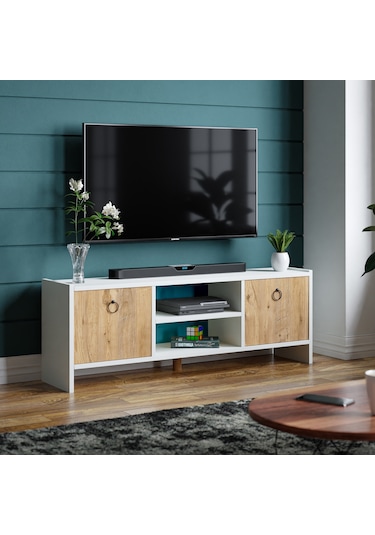 Tv Sehpası Kapaklı Raflı Tv Ünitesi Televizyon Sehpası Beyaz- Çam
