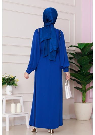 Omuzu Taş Detaylı Rose Elbise-saks Mavi-4772 Saks Mavi