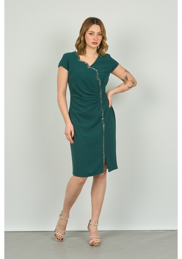 Vals Kadın Drapeli Ay Kollu Krep Kumaş Araboy Abiye Elbise 22-146 Zümrüt