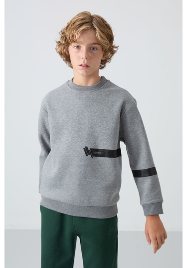 Gri Melanj Pamuklu Kalın İçi Tüylü Yumuşak Dokulu Standart Fit Baskılı Erkek Çocuk Sweatshirt - 11238 Gri Melanj