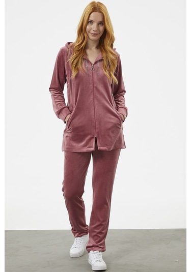 Tam Fermuarlı Kadife Taşlı Eşofman Takım - Gül Kurusu 001