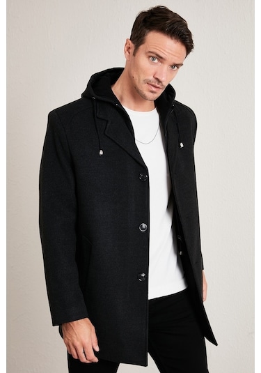 Buratti Çıkarılabilir Kapüşonlu Kırçıllı Slim Fit Kaşe Erkek Kaban 5841013 Füme