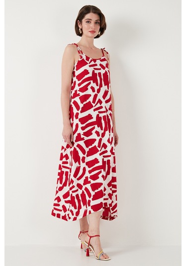 Lela Desenli Midi Boy Oversize Fit Bağlamalı Ip Askılı Bisiklet Yaka Bayan Elbise 5869009 Bordo