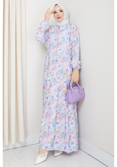 Elera Desenli Yarasa Kol Tesettür Elbise 1572 - Lila Lila