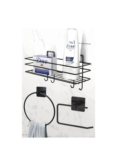 Atacı Atacı Paslanmaz 3'lü Set Yapışkanlı Banyo Düzenleyci Duşakabin Şampuanlk Kanca Rafı Wc Kağıtlk Ve Havluluk Siyah