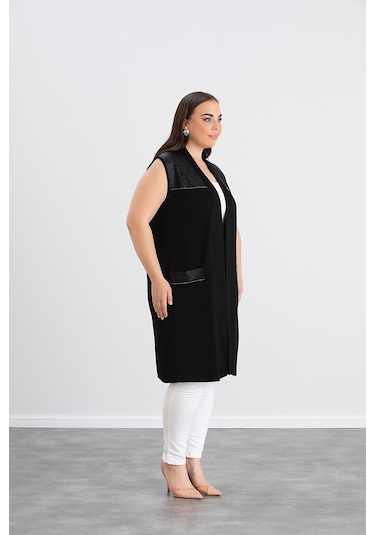 Wearon Kadın Ajda 2 İp Kristal Süs Deri Ve Taşlı Cepli Siyah Yelek Siyah