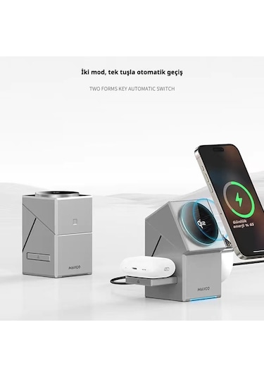 Qi2 15w Manyetik Kablosuz Şarj Cihazı, Döner Başlıklı 3'ü 1 Arada Masaüstü Standı Gri