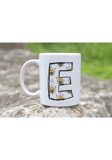 E Harfi Arı Desenli Kupa - Sevimli Hayvan Temalı Kişiye Özel Kahve Kupası - Şans Kupası Beyaz