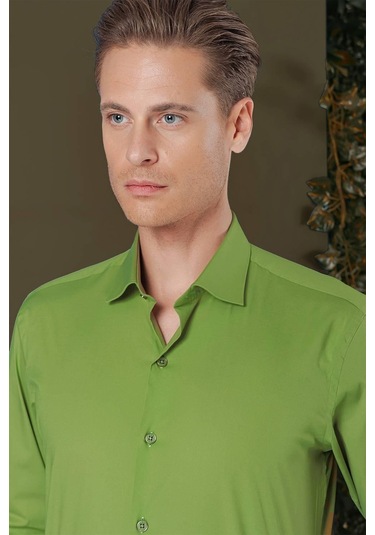 Gk 709 Slim Fit Yeşil Klasik Gömlek Yeşil