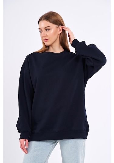 Comeor Lacivert Kadın Pamuklu Oversize Basic Bisiklet Yaka Sweatshirt 001
