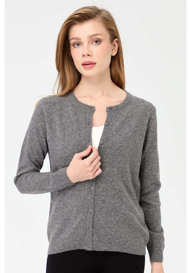 Desen Triko Kadın Sıfır Yaka Triko Yün Hırka 21031 Füme