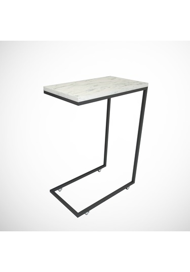 Callen Beyaz Mermer Yan Sehpa & Tekerlekli Servis Sehpası Metal