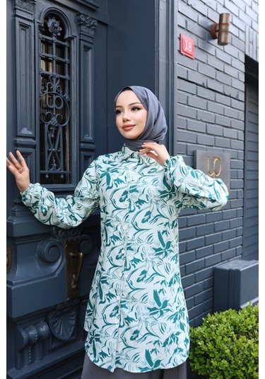Kadın Yeşil Çiçek Desenli Pamuk Dokuma Kumaş Tunik Gömlek Etekli Takım Tk1417 Yeşil