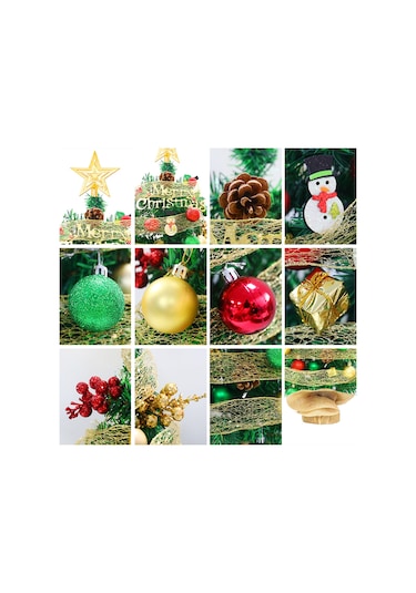1.5ft Masa Üstü Yıldızlı Noel Ağacı Kırmızı Yeşil Toplar Yeşil