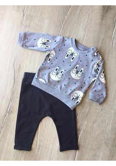 3506 Tavşanlı 2'li Kız Bebek Takım Gri