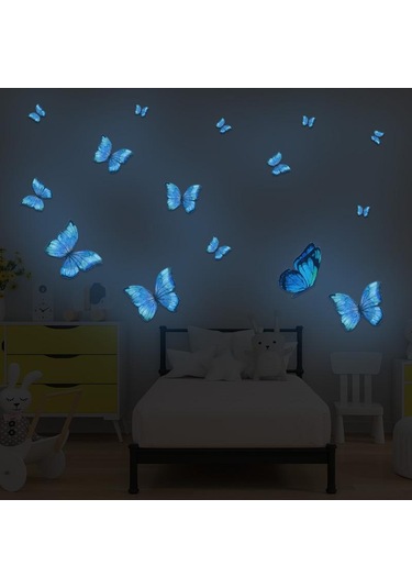 Pvc Duvar Sticker Işıklı Kelebek Duvar Sticker Mavi