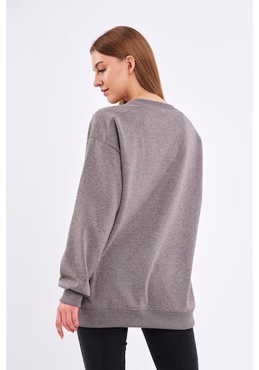 Comeor Kahve Kadın Pamuklu Oversize Basic Bisiklet Yaka Sweatshirt 001