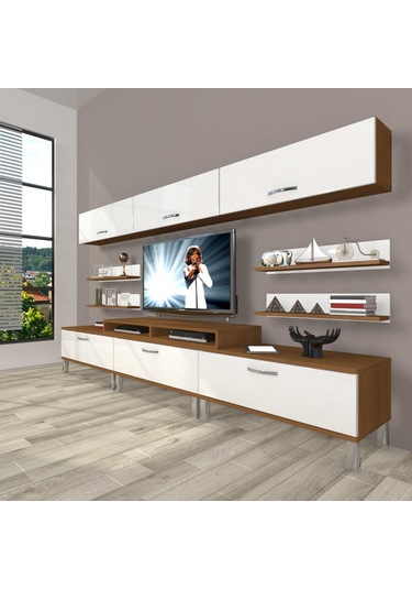 Decoraktiv Ekoflex 8y Slm Krom Ayaklı Tv Ünitesi Tv Sehpası Ceviz - Beyaz