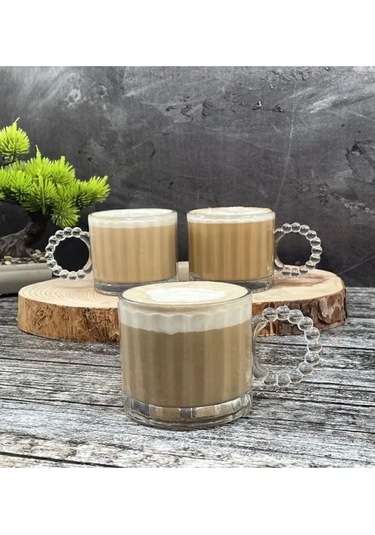 6 Lı Boncuk Desen Kulplu Cam Kupa 300 Cc Beyaz