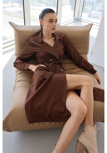 Bigdart 5853 Kruvaze Yaka Trençkot - Kahverengi 001