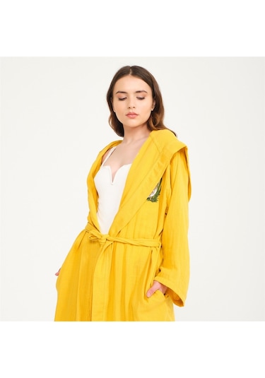 Ördek Nakışlı Kısa Kapüşonlu Müslin Kadın Bornoz-Sarı