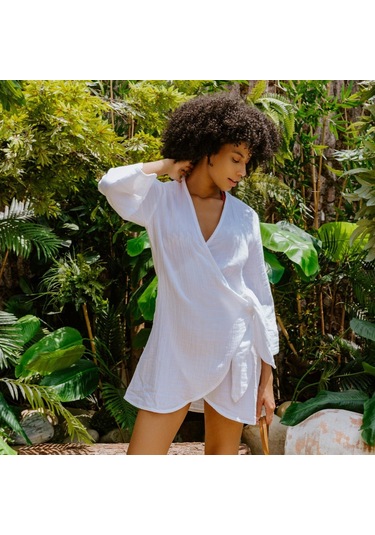 Pamuk Dokuma Kruvaze Kuşaklı Kadın Müslin Plaj Elbisesi - XS - S Beyaz