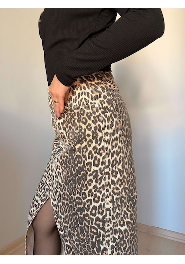 Ali Butik Leopar Önden Yırtmaç Detaylı Denim Etek Leopar