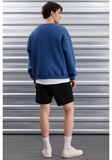 Ernest Erkek Yumuşacık Kumaşlı Oversize Fit Yuvarlak Yakalı Baskılı Mavi Sweatshirt