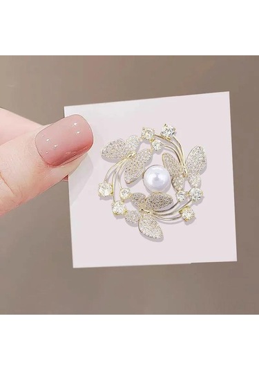 Monyee Kelebek Desenli İkiz Perl Yaka İğnesi - Kc Altın Kaplama, Zirve Eleganlığa Sahip Giyim Aksesuarı Çok Renkli