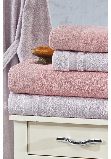 Family Dantelli Pudra & Lila Aile Bornoz Seti 6 Parça Çeyizlik Ka