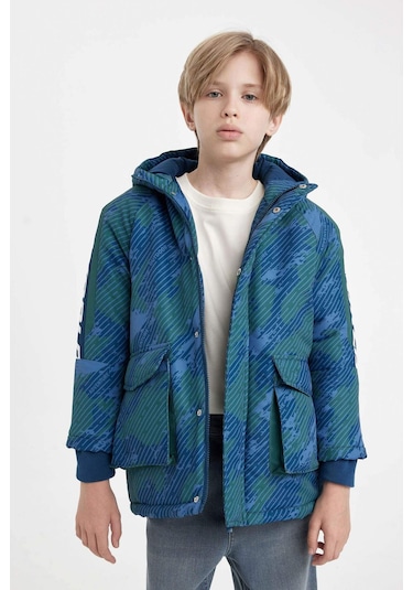 DeFacto Erkek Çocuk Su İtici Kapüşonlu Fermuarlı Çıtçıt Kapamalı Cepli Mont Parka C5521A824WNIN103