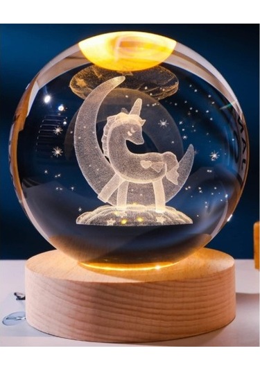 Dekoratif Ay İçinde Unicorn Tasarımlı Ahşap Altlıklı Işıklı Cam Küre Cam:8cm Ahşap:2cm Büyük Boy Çok Renkli